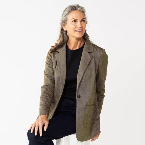 NEW Croft & Barrow Comfort Stretch Petite Large Brown Herringbone Blazer Jacket - Picture 1 of 7
